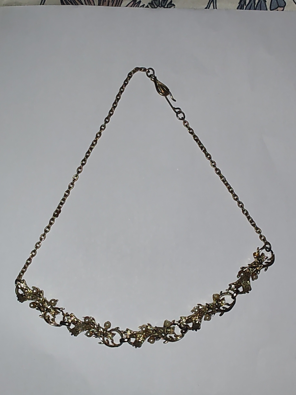 Vintage Gold Tone Floral Vine Necklace Faux Pearls Women's Jewelry